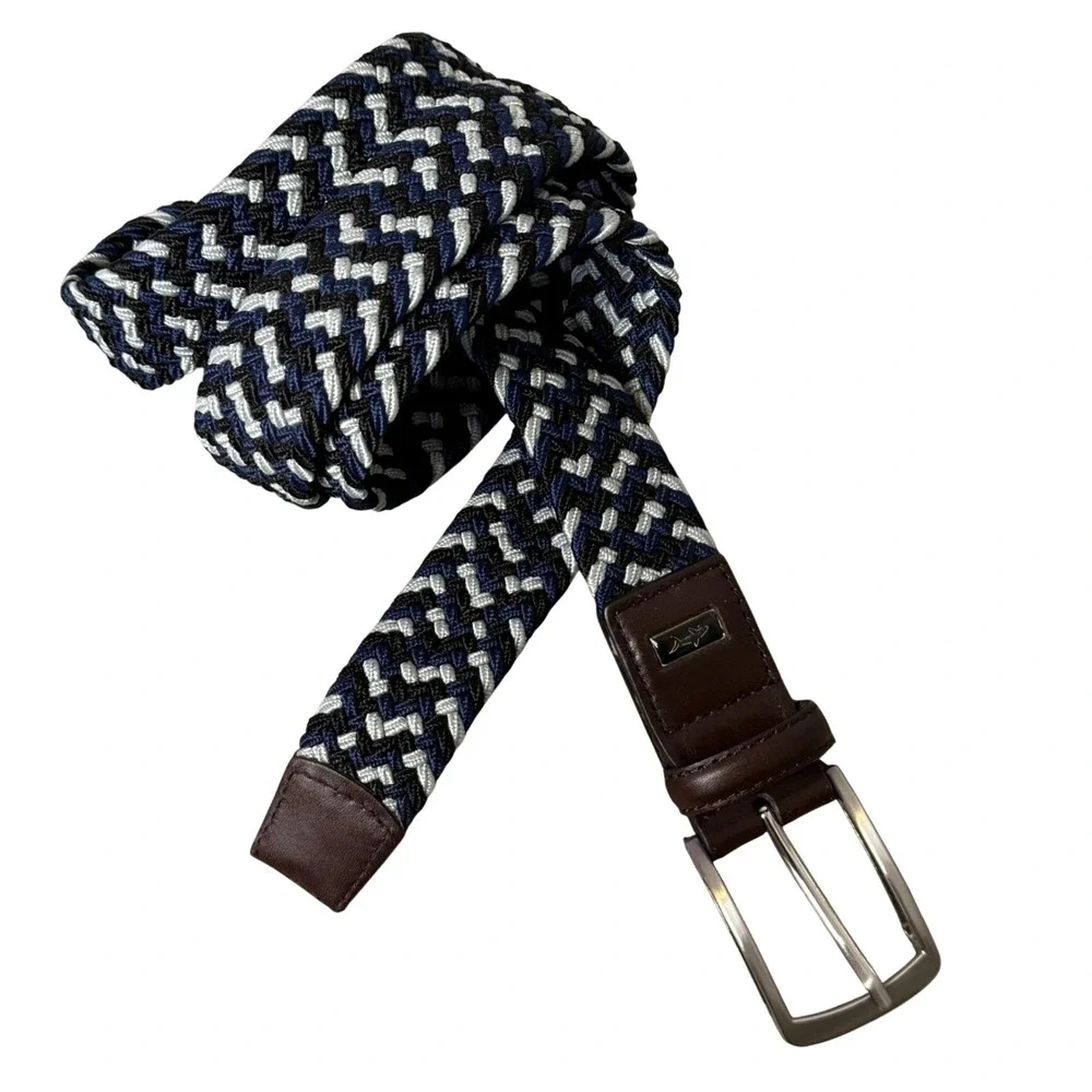 Greg Norman Braided Stretch Belt Mens 44 Navy Blue White Woven Preppy Nautical